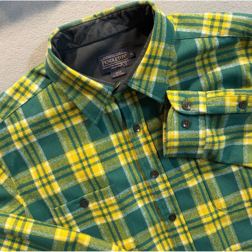 Pendleton Men's 100% Virgin Wool Plaid Long Sleeve Green Yellow Oregon Ducks - Picture 2 of 8